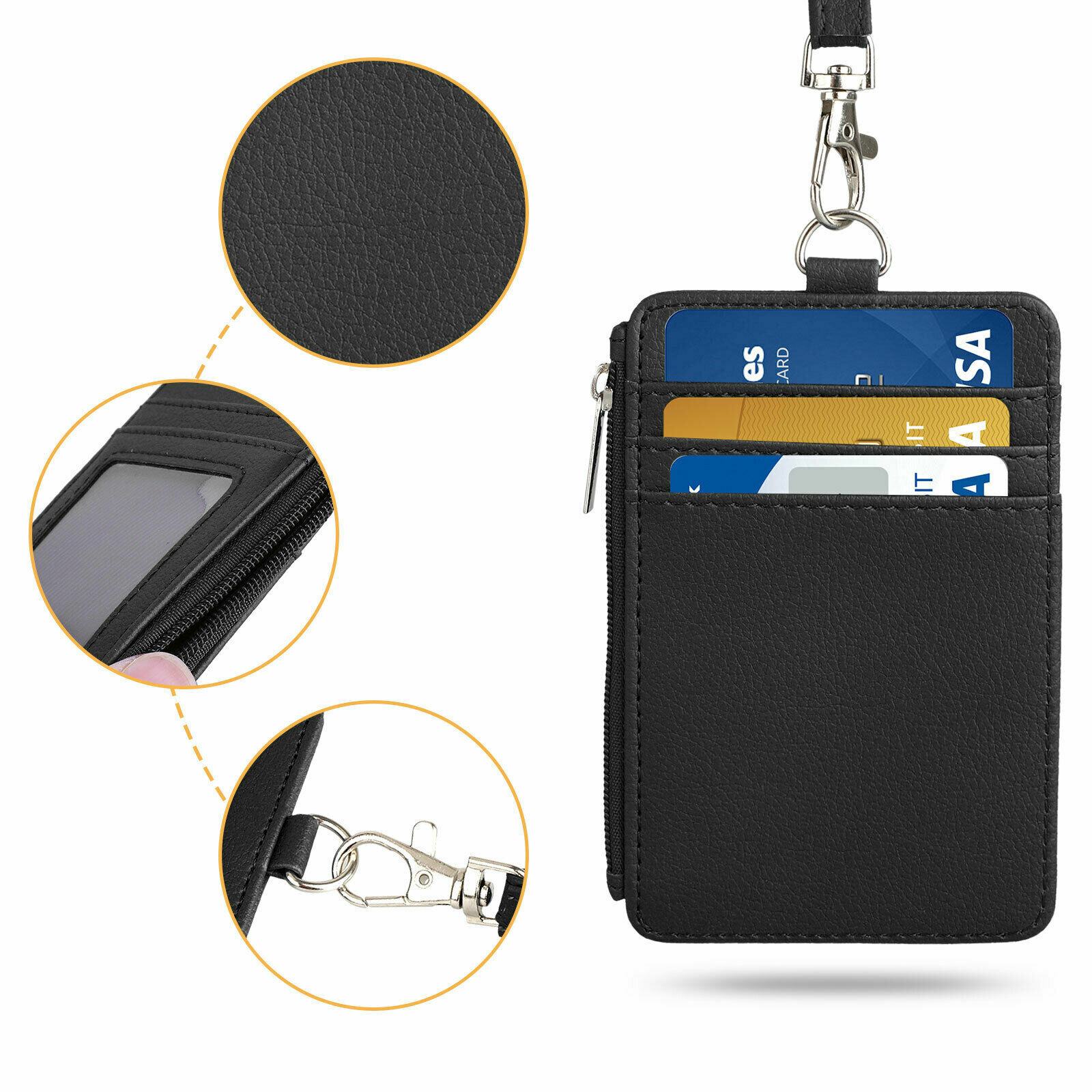 Vertical Leather ID Card Holder Badge Wallet Pocket W/6 Slot Neck Strap Lanyard