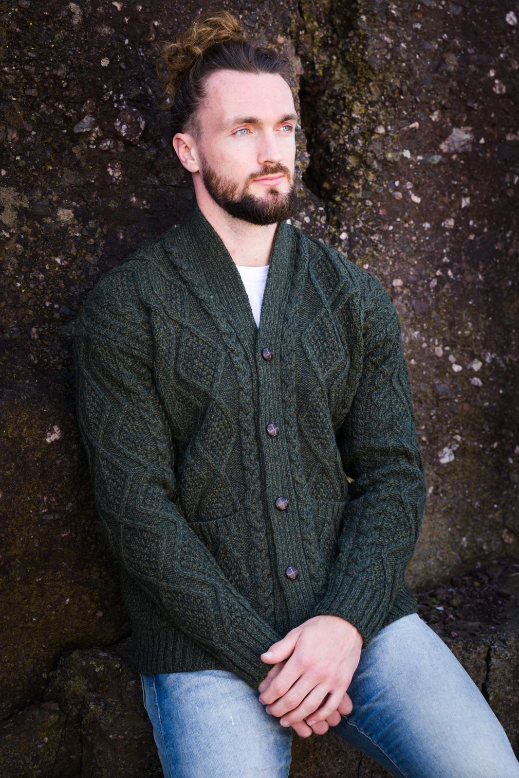 Men’s Cardigan Aran Knit Shawl Collar Casual Irish Sweater