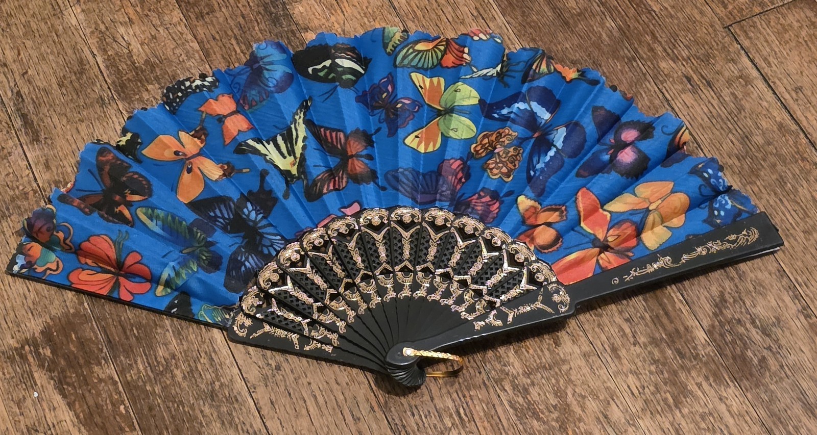 Blue Butterfly Design Folding Hand Fan Fabric Plastic Multicolor Decorative