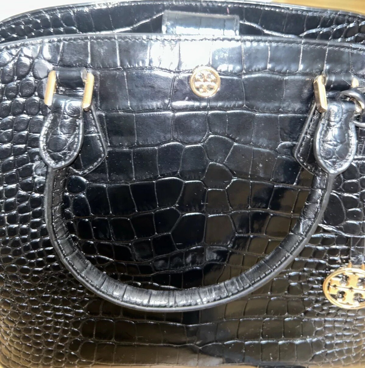 Tory Burch Robinson Crocodile Embossed Crossbody Purse Designer Bag, Black,