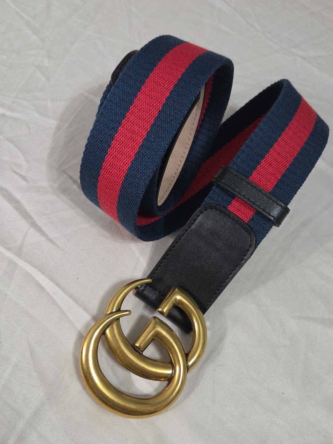 Gucci GG Brass Buckle Striped Navy Red Dress Belt Men’s 36-38 IT 105CM