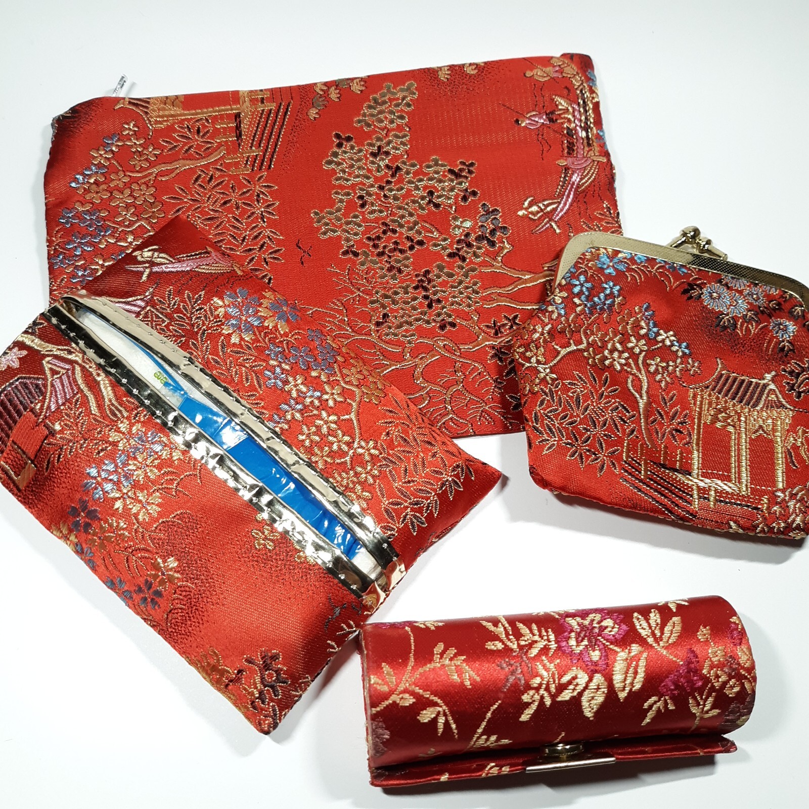 VINTAGE COSMETIC PURSE ACCESSORY SET RED SILK ORIENTAL PRINT + Lipstick Holder