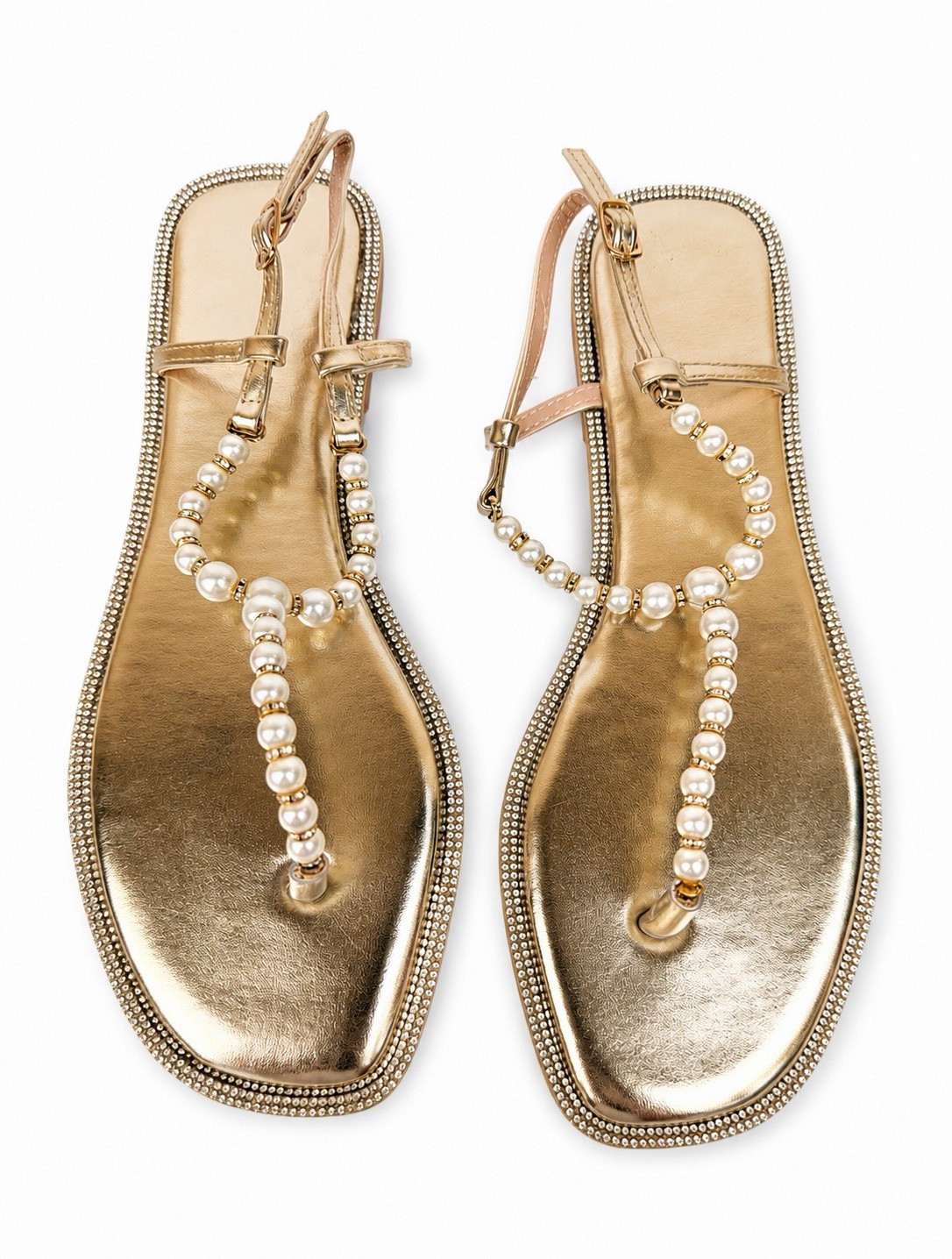 Women’s Gold T-Strap Flat Sandals Rhinestone Pearl Ankle Strap Buckle 9