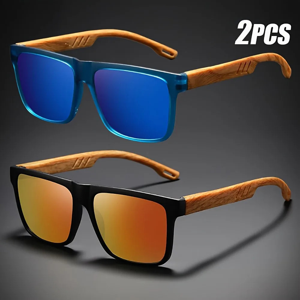 1/2pcs Square Sunglasses Wood Grain Spring Hinges UV400 Unisex Outdoor Eyewear