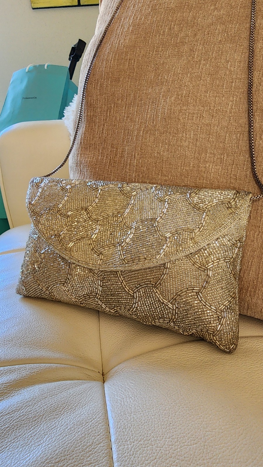 VTG – WALBORG Silver Glass Beaded Evening Purse Scalloped Mosaic w/ Original Box