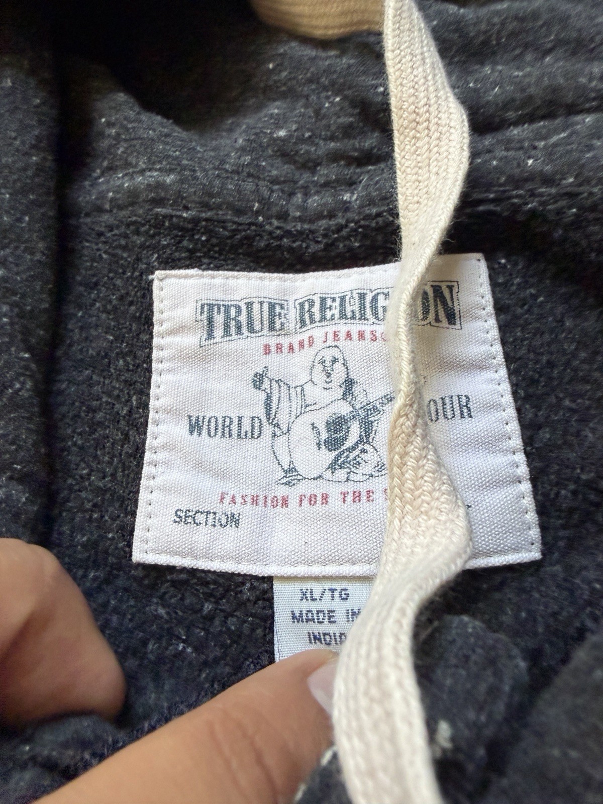 True Religion Men Gray Zip Up Jacket Hoodie Sz XL Buddha Logo Contrast Stitching