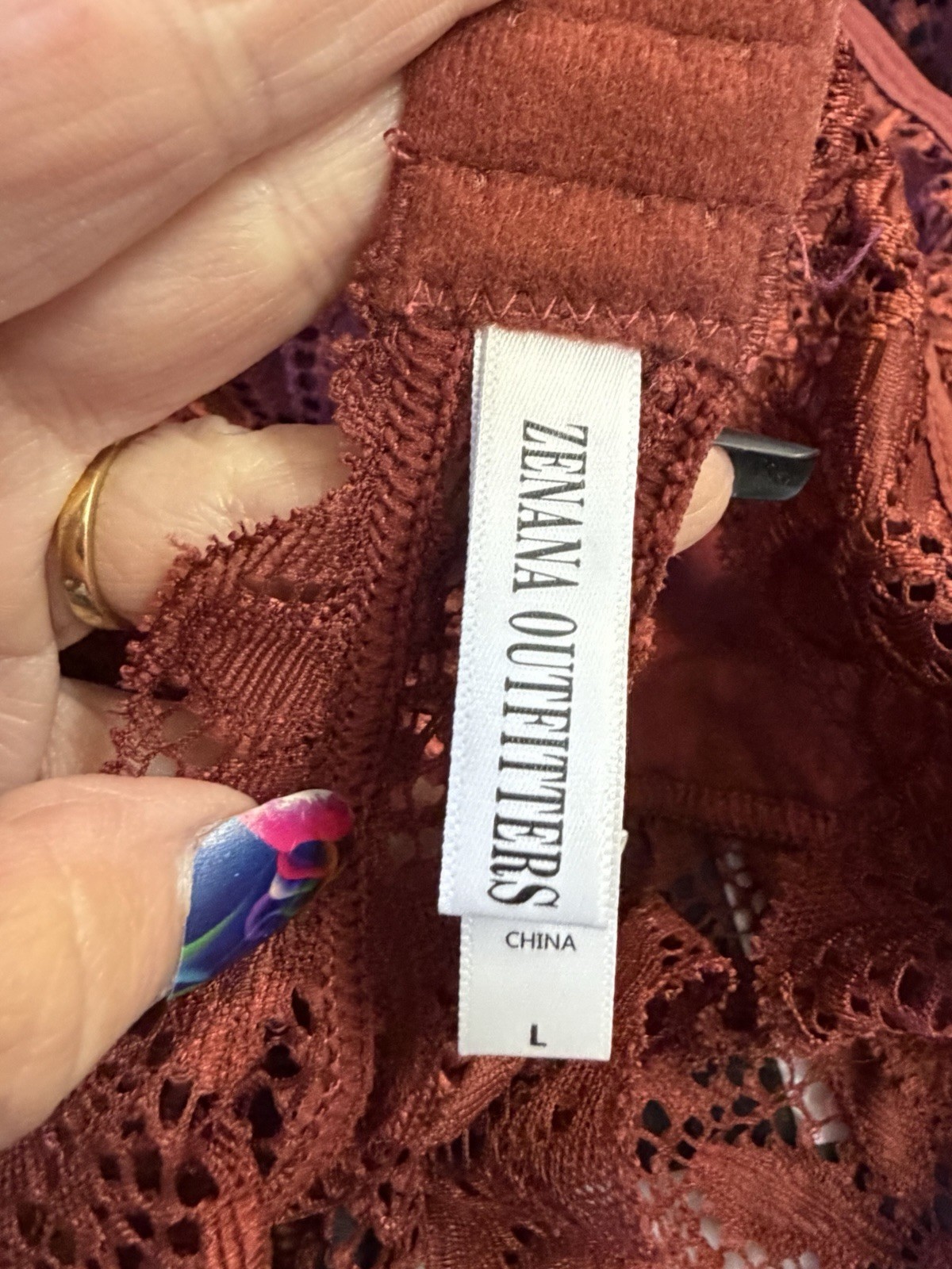 Zenana Outfitters Brown Floral Lace Bralette Bra L Wireless Unpadded Hook & Eye
