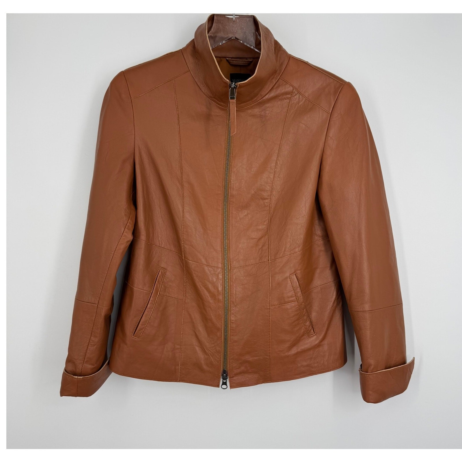 Madeleine jacket women’s 8 100% lamb soft Nappa leather zip front cognac brown