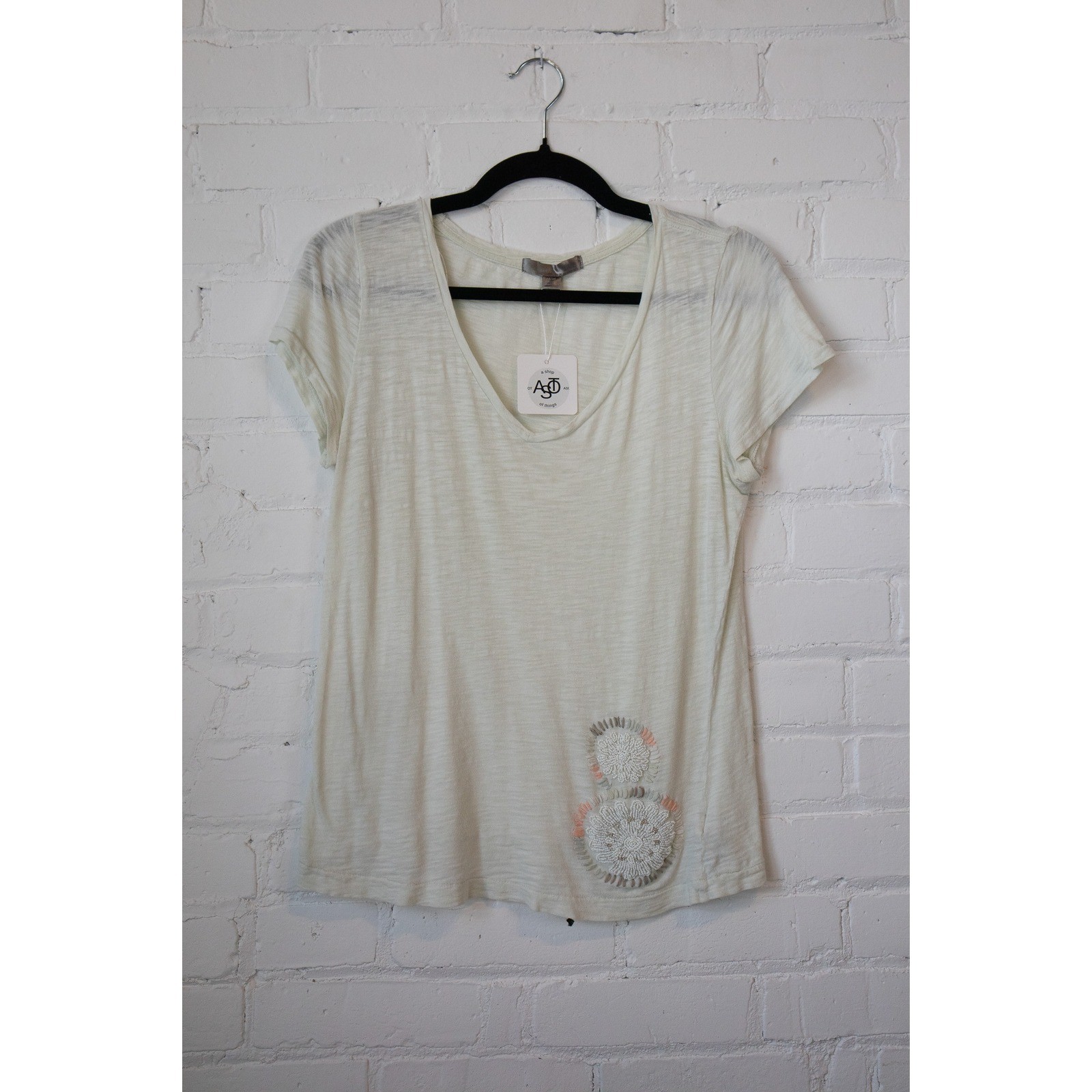 Anthropologie Pilcro Beaded Floral Slub Knit V-Neck Tee Mint Green M