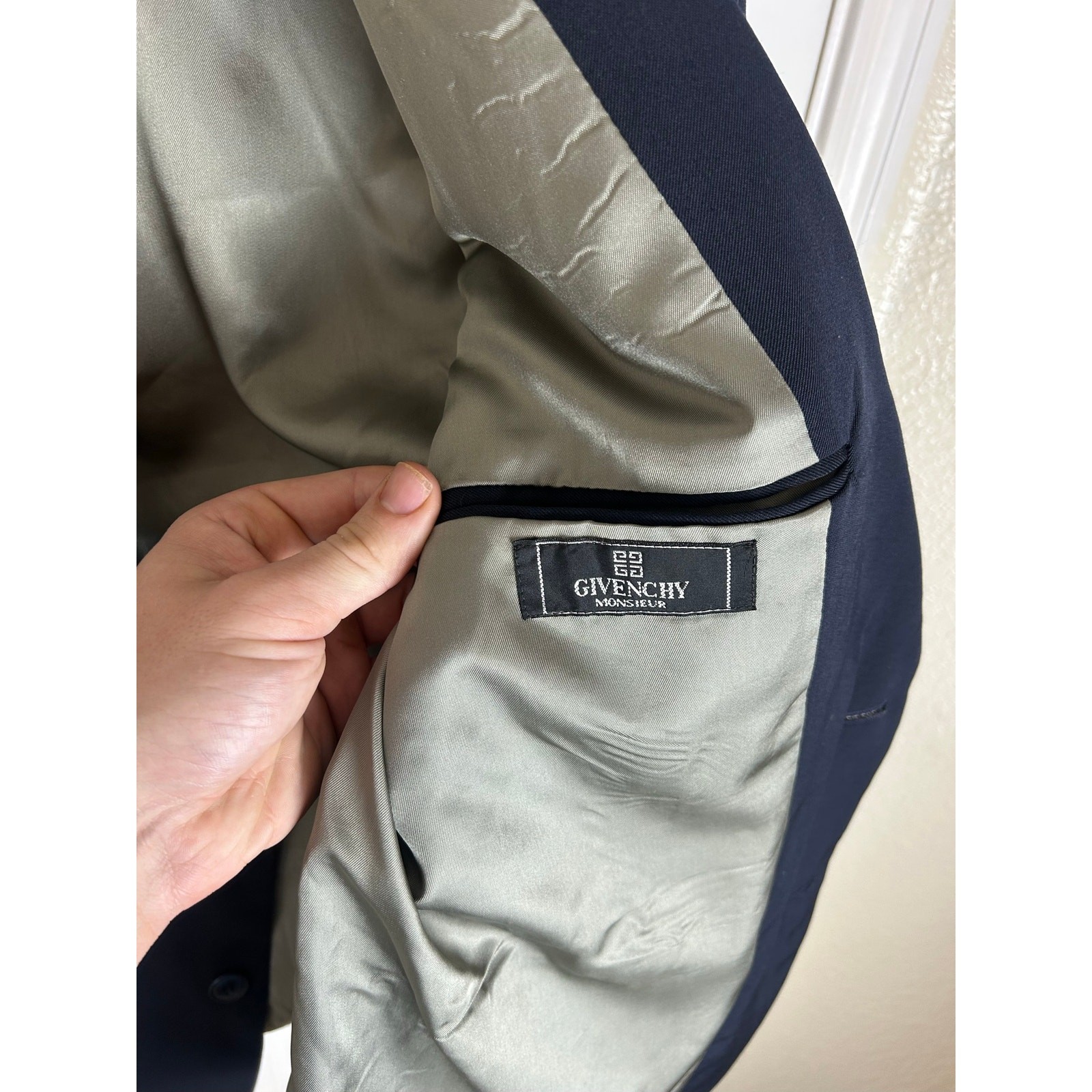 Givenchy Monsieur Wool Blazer — Solid Navy, 4G Logo 40R US