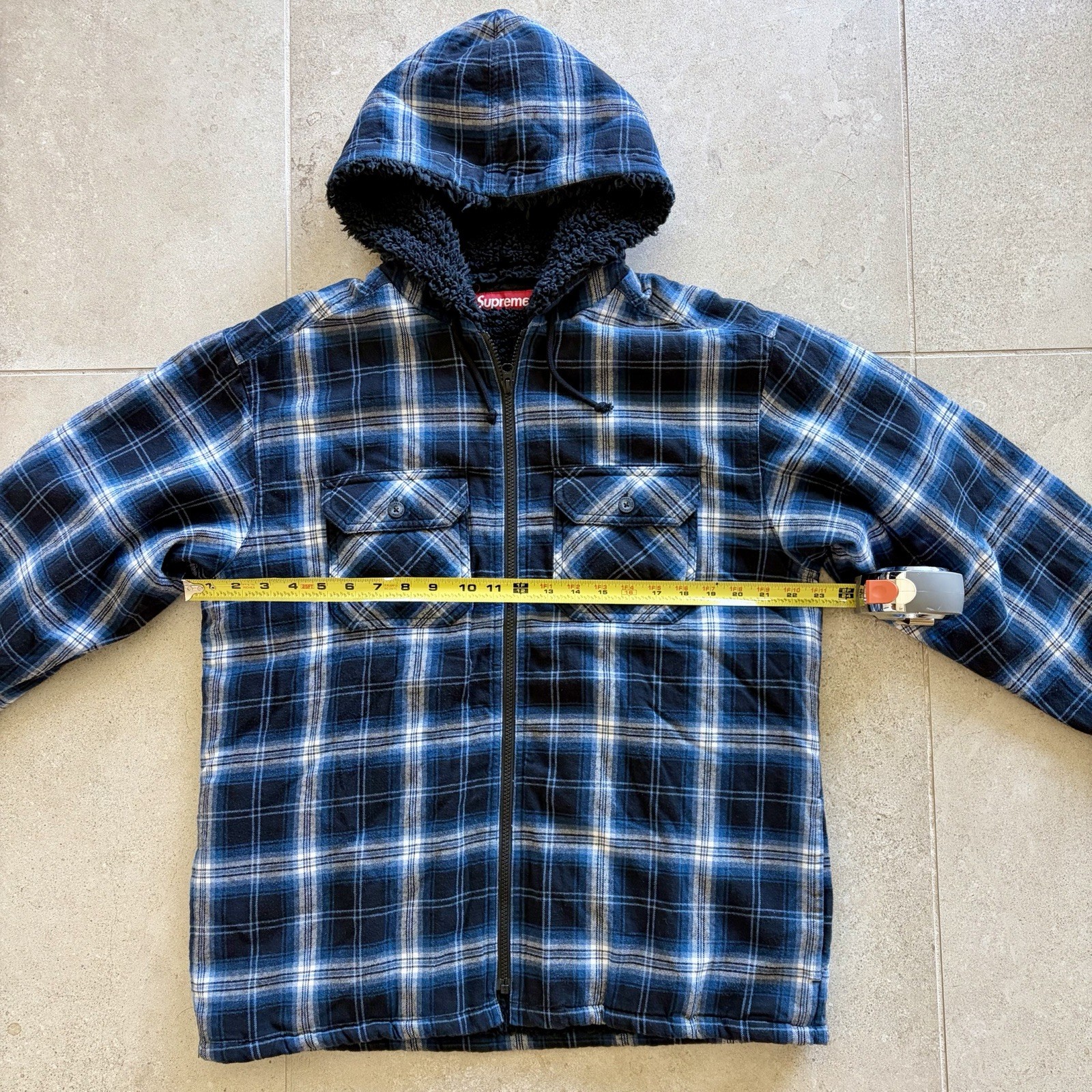 Supreme Men’s Plaid Hooded Zip Jacket Sherpa Lined Blue/Black/White M