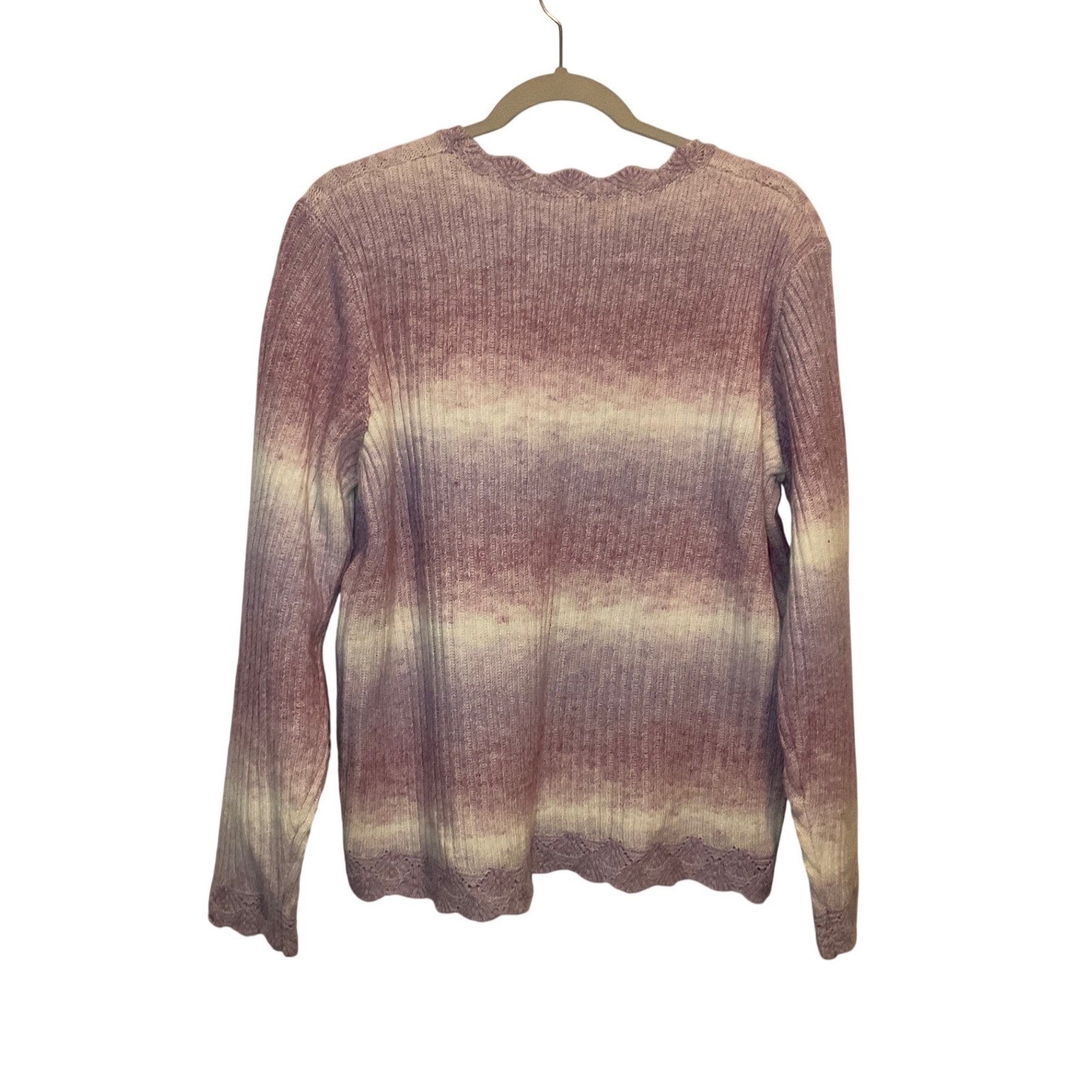 Alfred Dunner Womens Large Purple Ombre Cable Knit Scalloped Crewneck Sweater