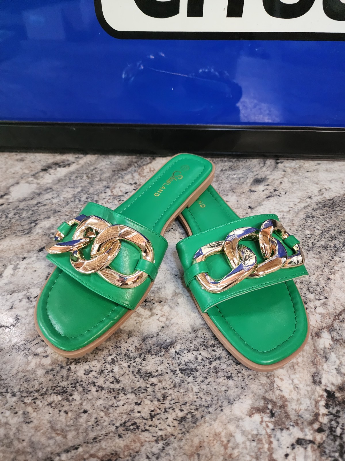 Shoreland Womens Slip on Flat Sandals New Without Box Color Is Green With Gold