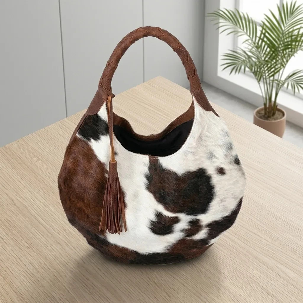 Cowhide Leather Hobo Bag Brown White Cow Print Western Fringe Shoulder Purse