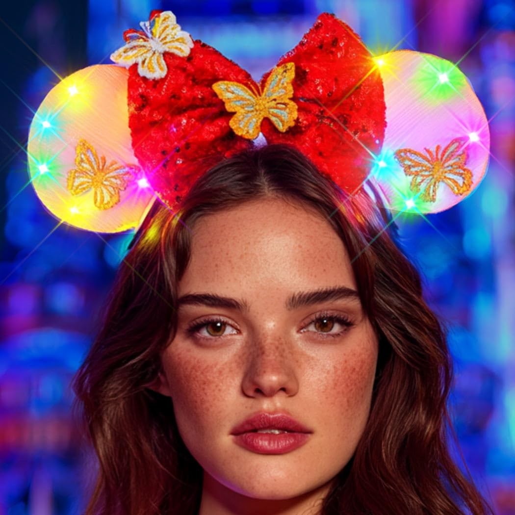 JAKAWIN Light Up Mouse Ears Headband Glowing Bow 11*9.1IN, 5 Red
