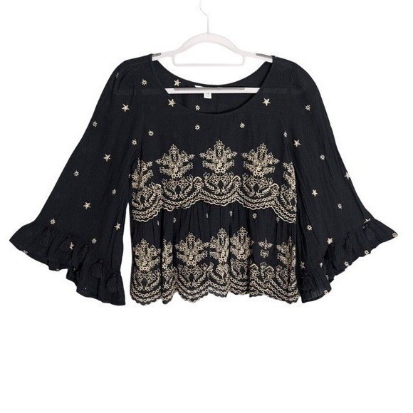 American Eagle Tunic Top Women XS Black Boho Embroidered Peasant Festival Blouse