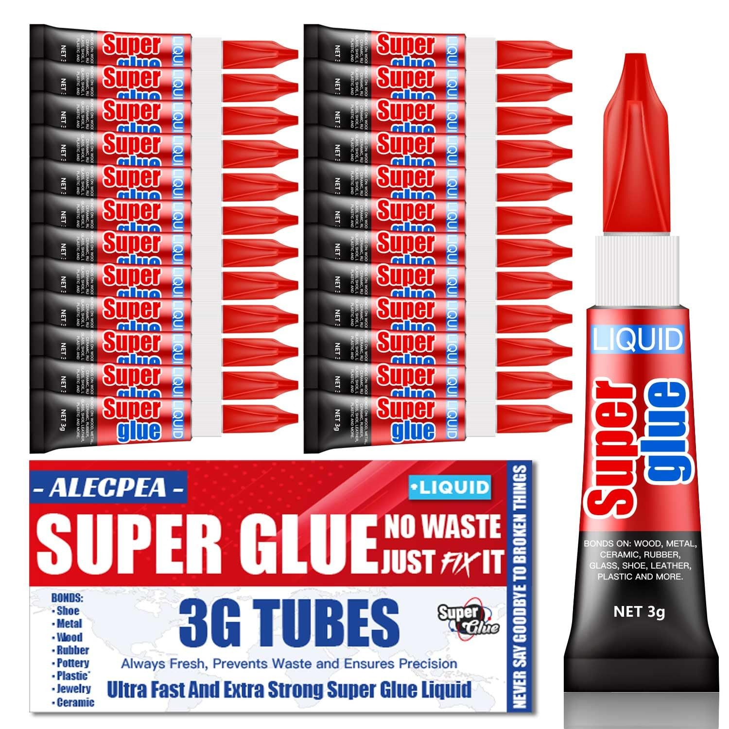 ALECPEA 24 Pack Super Glue 3g Each Liquid Adhesive Fast Bond Multi-Surface
