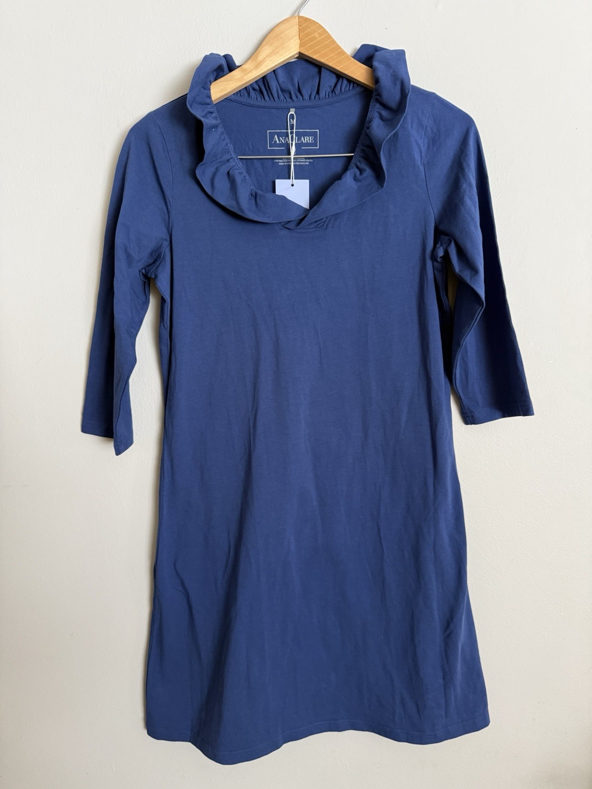 Ana Clare Women’s M Dress Blue 3/4 Sleeve Ruffle Collar Short Dress NEW