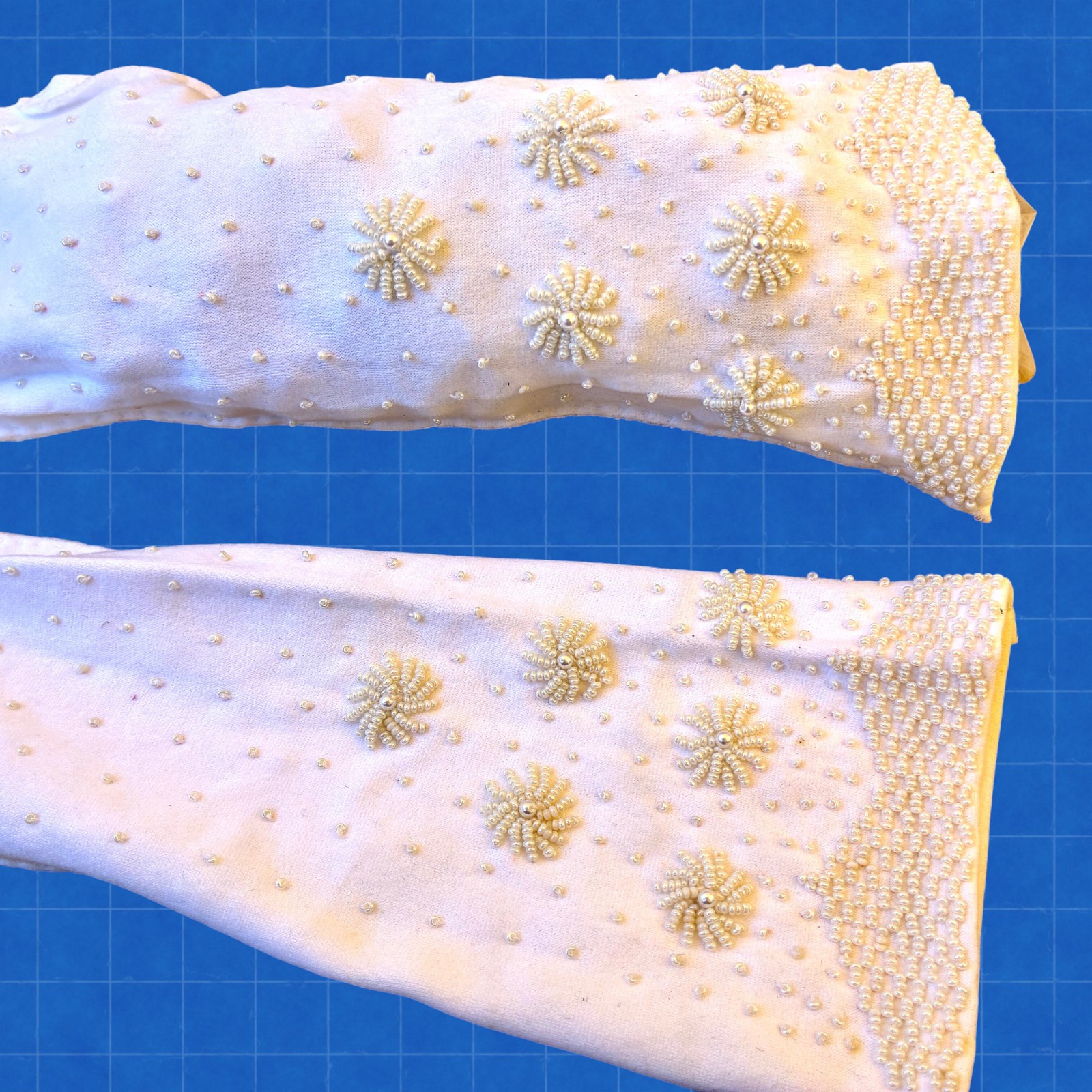 Vintage Hong Kong White Gloves With Beads Flowers Mid Elbow Length Womens 7