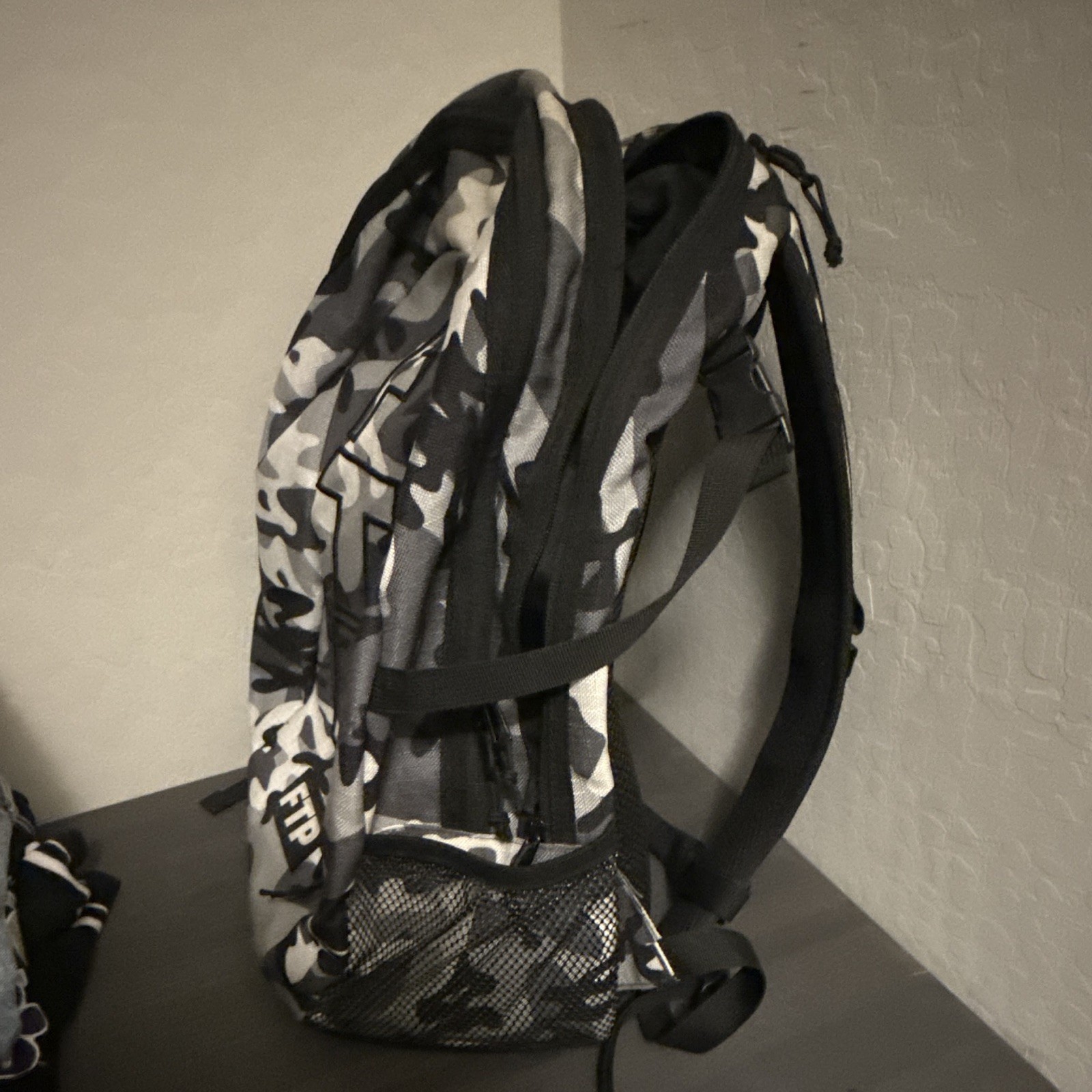 FTP Gray/Black/White Camo Backpack Zip Closure Adjustable Straps Pockets