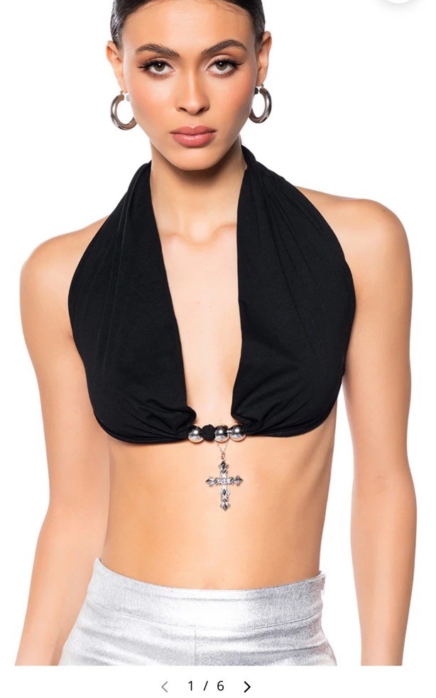 White Fox HALTER NECK CROPPED BRA With Cross Dangle Pendant Black XL