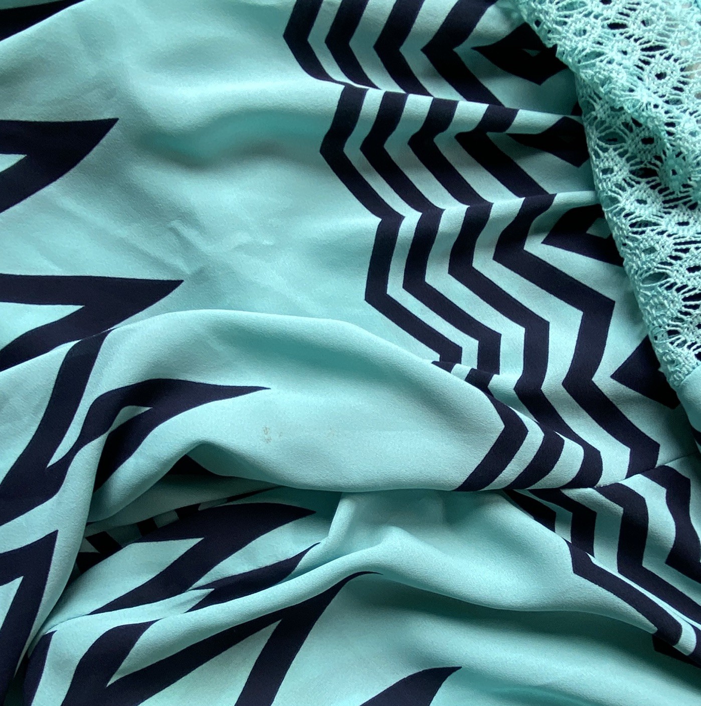 Jolt Boho Peasant Bell Sleeve Blouse, Size Medium, Aqua And Navy Blue Print