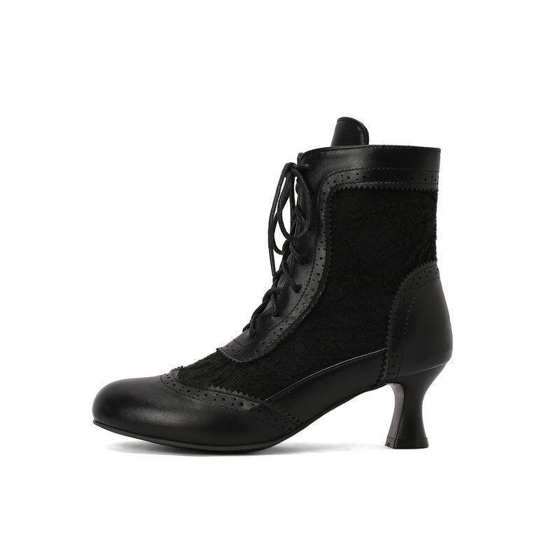 Women’s Lace Ankle Boots Flower Vintage Kitten Heel Shoes Patchwork Plus Size OL