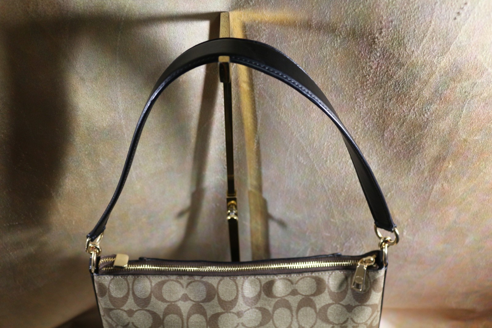 COACH SLIMLINE SIGNATURE C, LT & DK BROWN, BLACK ACCENTS, TWO SIDE ZIPPERS