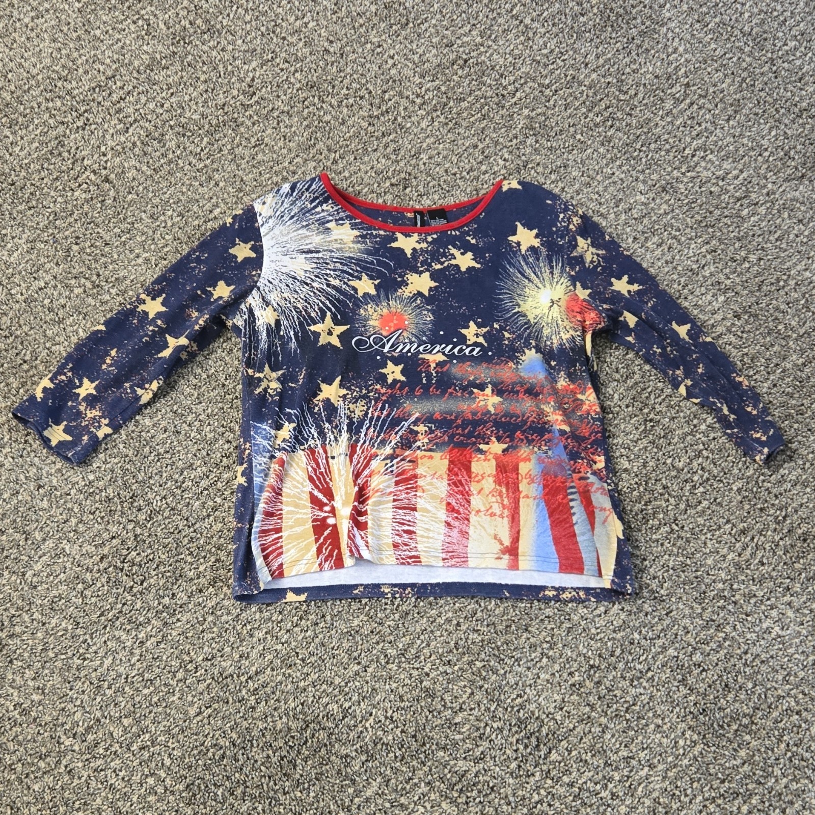 Jason Maxwell Knit Pullover Top Women’s L Blue Red 3/4 Raglan Stars USA