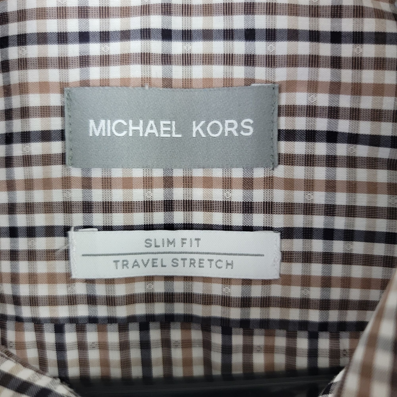 Michael Kors Slim Fit Travel Stretch Mens L Checkered Button-Up Shirt 16.5 34/35