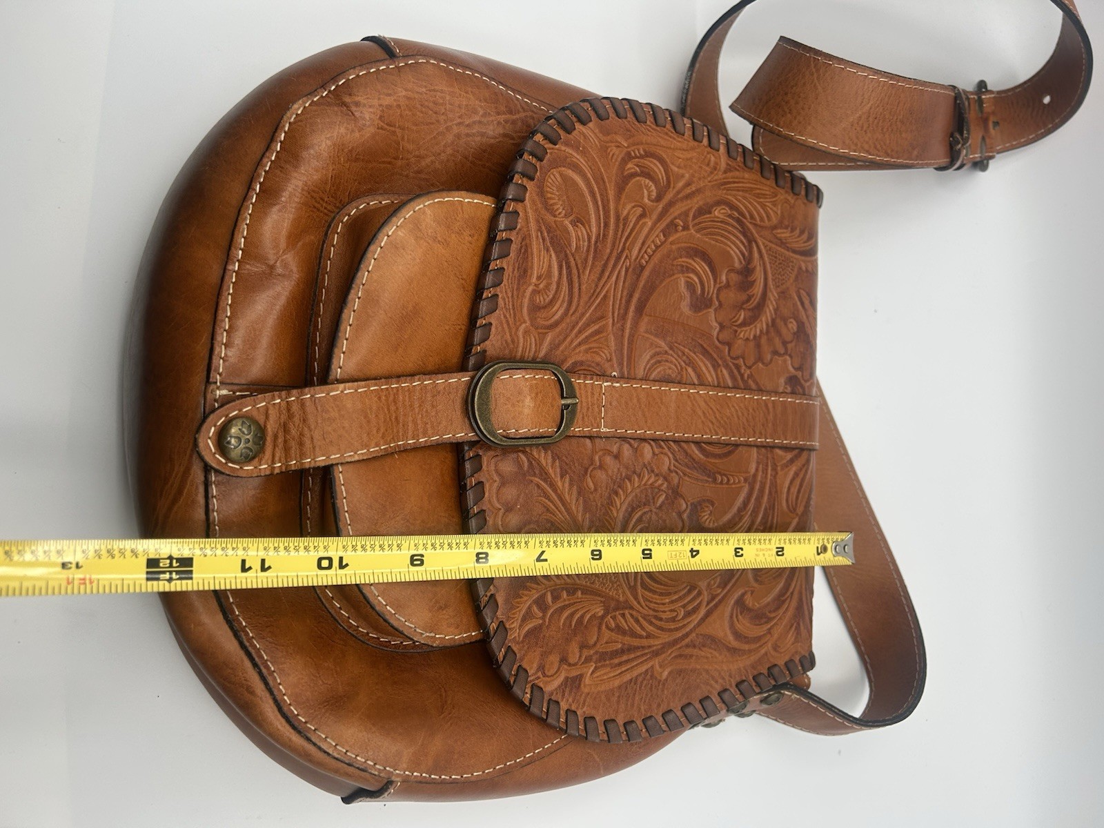 Patricia Nash Barcelona Large Saddlebag Tooled Italian Leather Brown Western