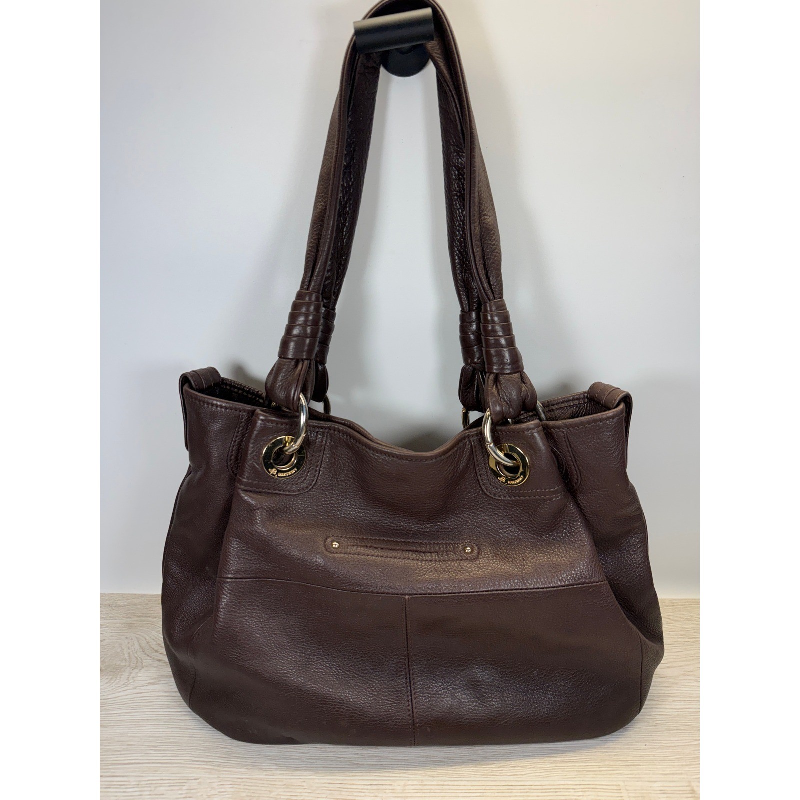 B Makowsky Women Large Shoulder Bag Brown Pebbled Leather Gold Leopard Hobo Boho