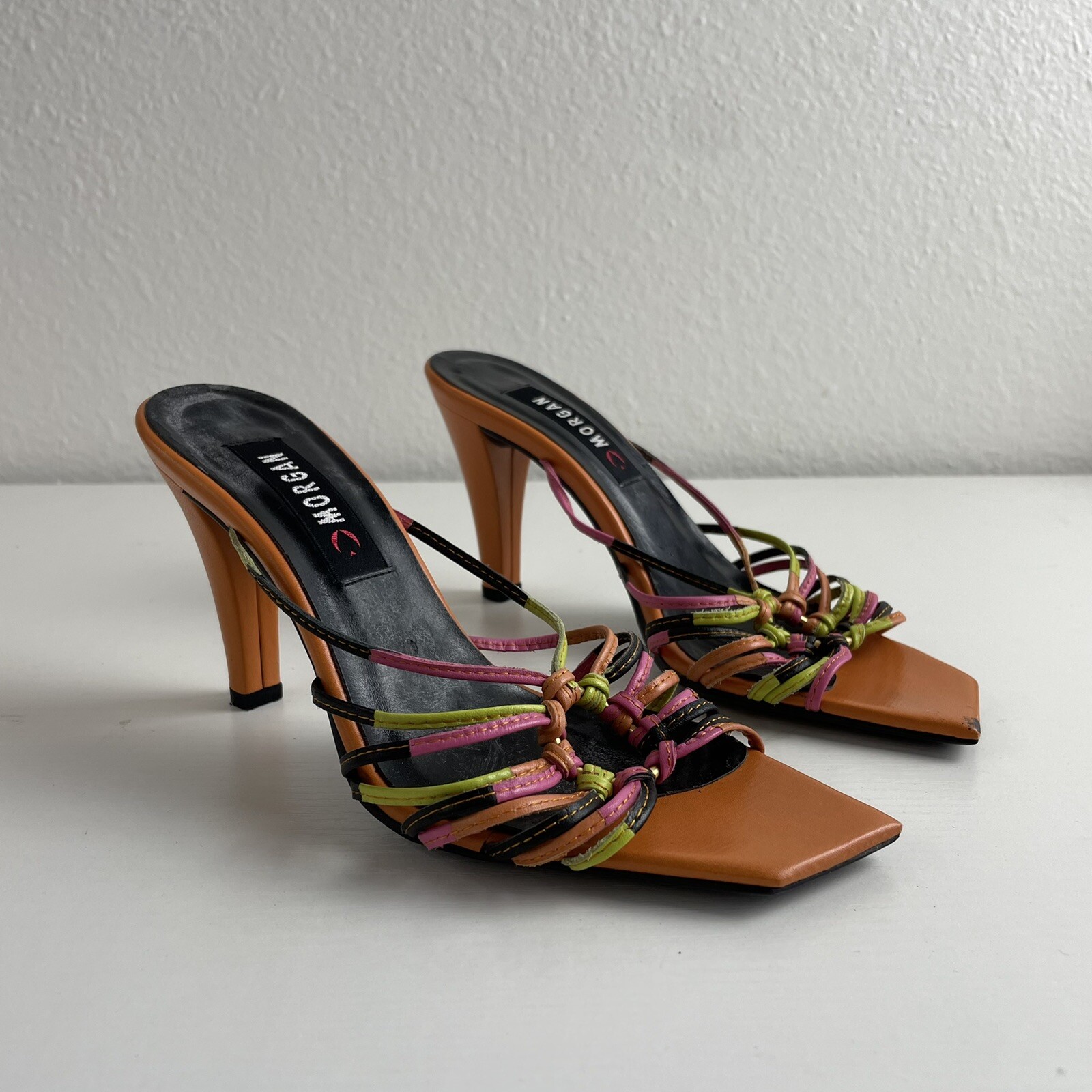 Y2K Vintage Morgan De Toi Heels 5 5.5 35 Orange Strappy Open Square Toe Stiletto