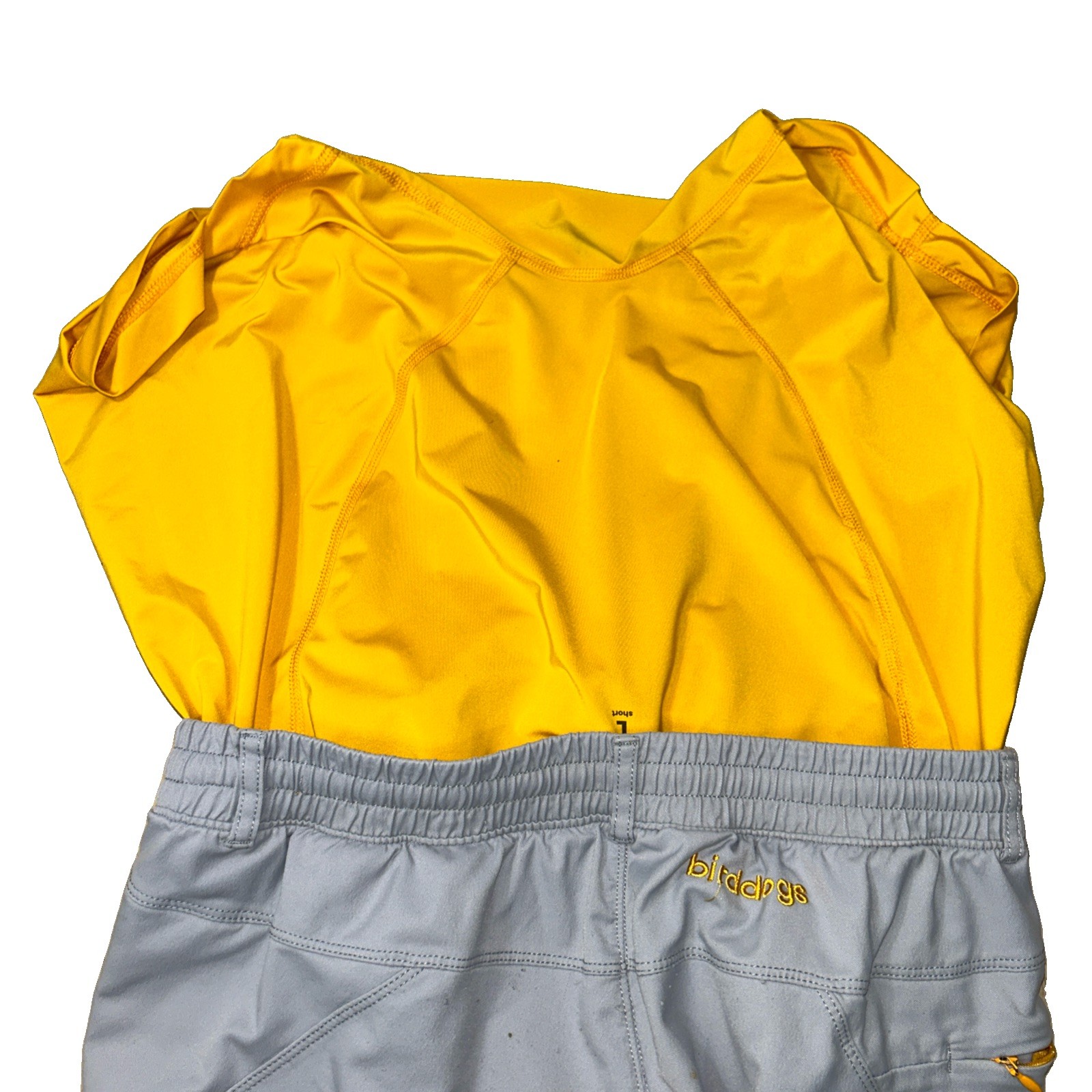 Bird Dogs Shorts Mens L Grey Yellow Lined Elastic Stretch 6” Inseam Chino Casual