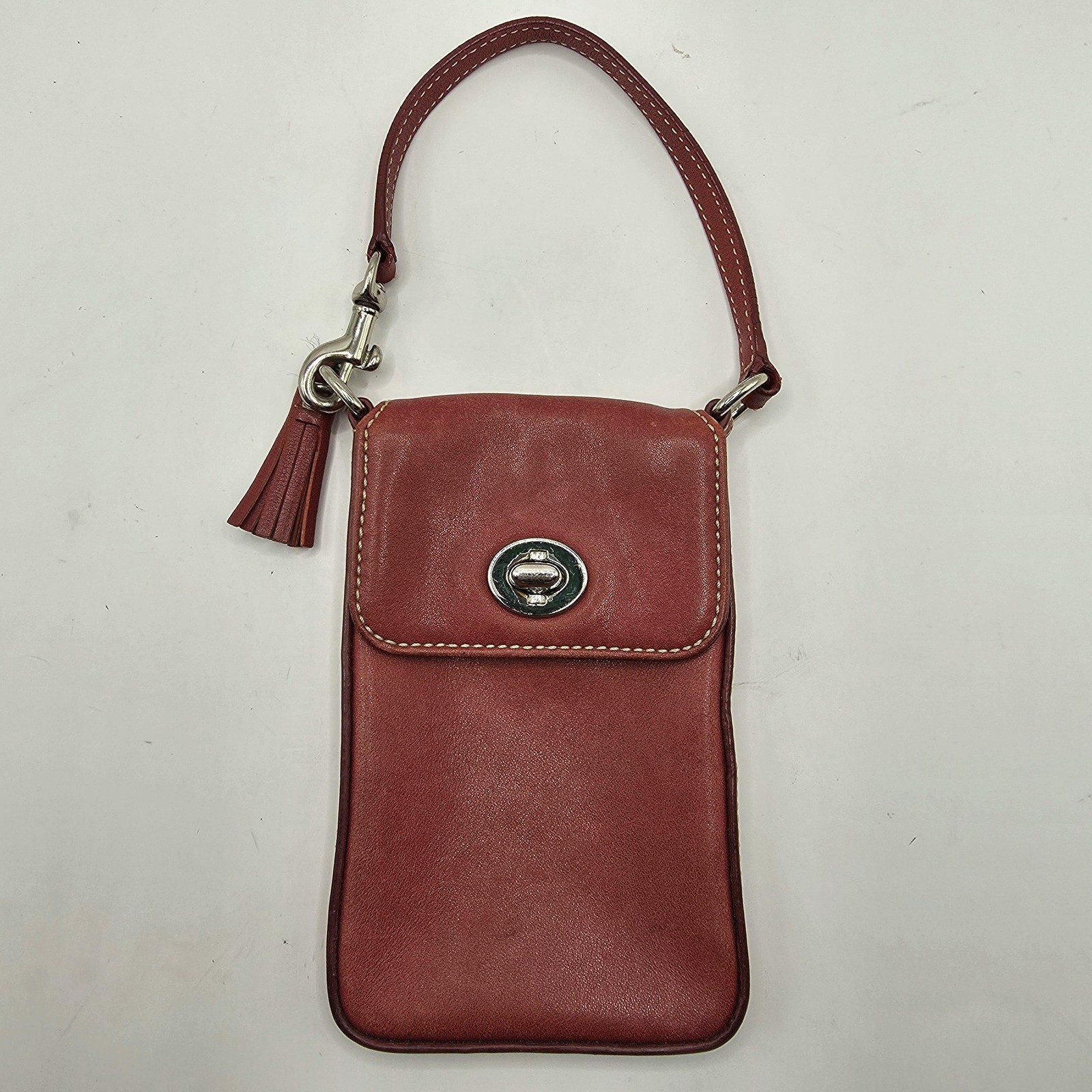 Vintage Coach Phone ID Holder Womens Mini Red Leather Turnlock Tassel Y2K Logo