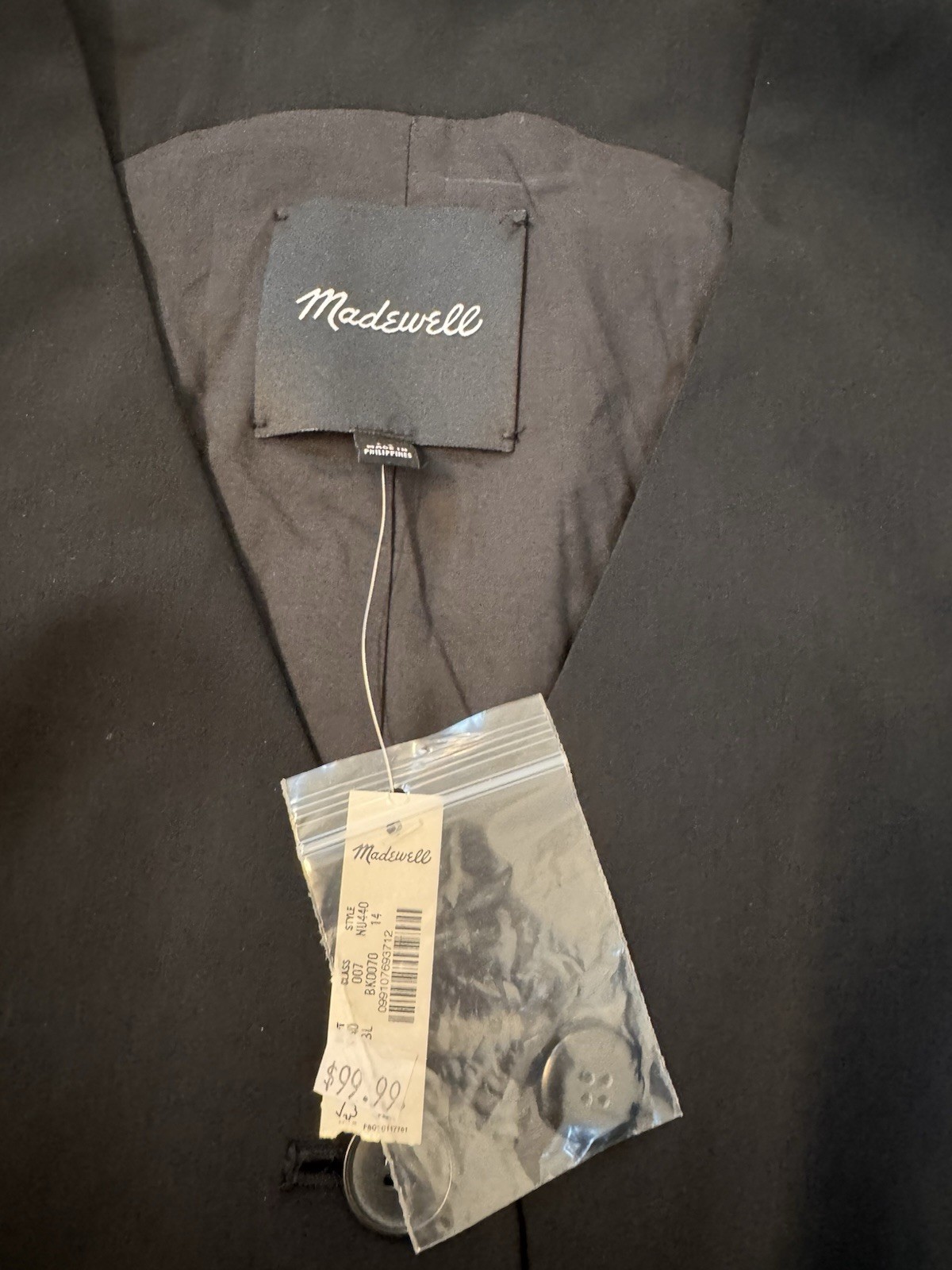 Madewell Classic Black Lined Cutaway Long Vest Womens 14 NEW NWT