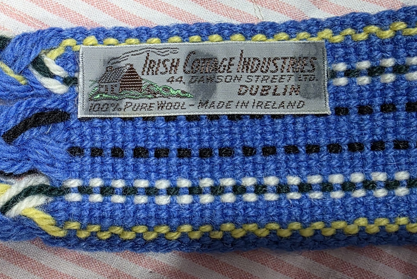 Irish Cottage Industries Woven Blue-Yellow-Scarf/Belt- Pure Wool-Dublin Ireland