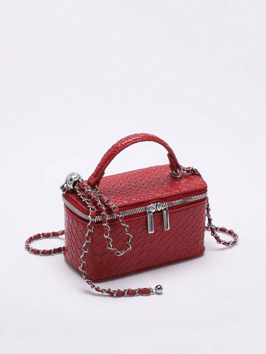 Mini Quilted Box Bag Rhinestone Embroidery Zipper Handbag Chain Strap Purse