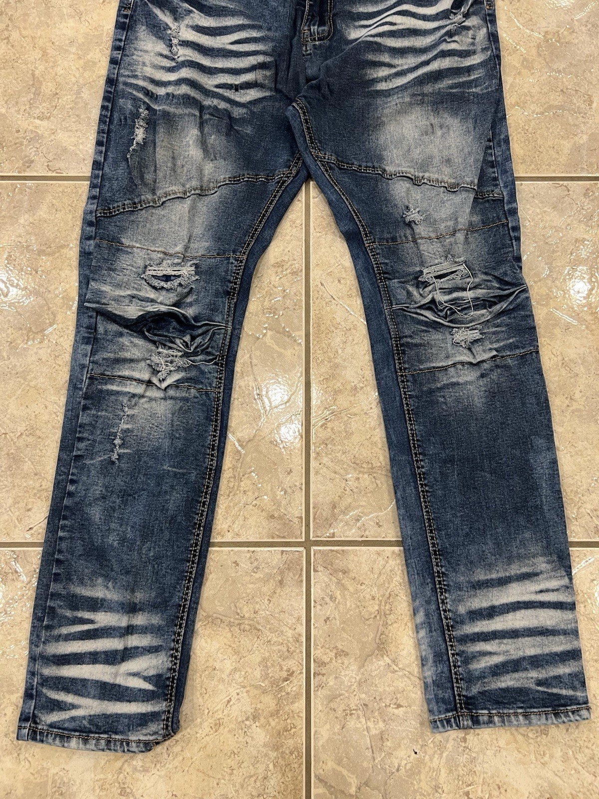 ENCRYPTED Men’s 40 Acid Wash Biker Jeans Slim Fit Moto Skinny Blue Denim