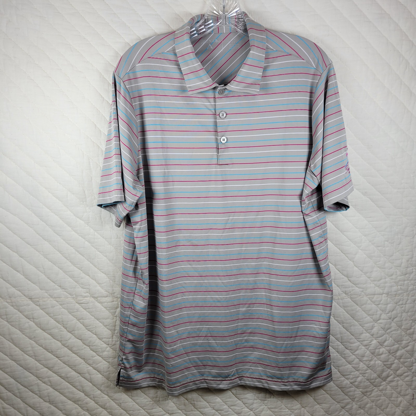 Antigua Mens Large Gray Multicolor Striped Short Sleeve Golf ⛳️ Polo Performance