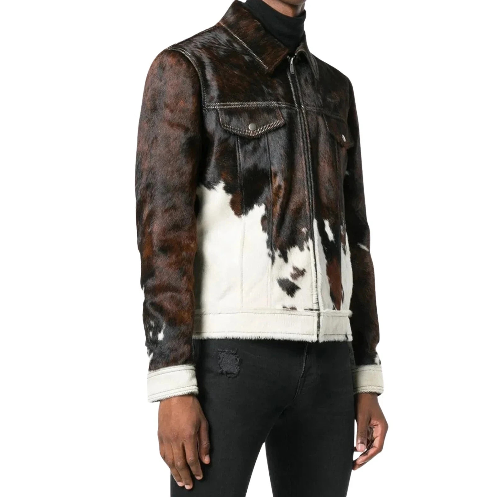 Men’s Cowhide Hair-On Jacket Real Pony Skin Natural Brown and White Hide Jacket