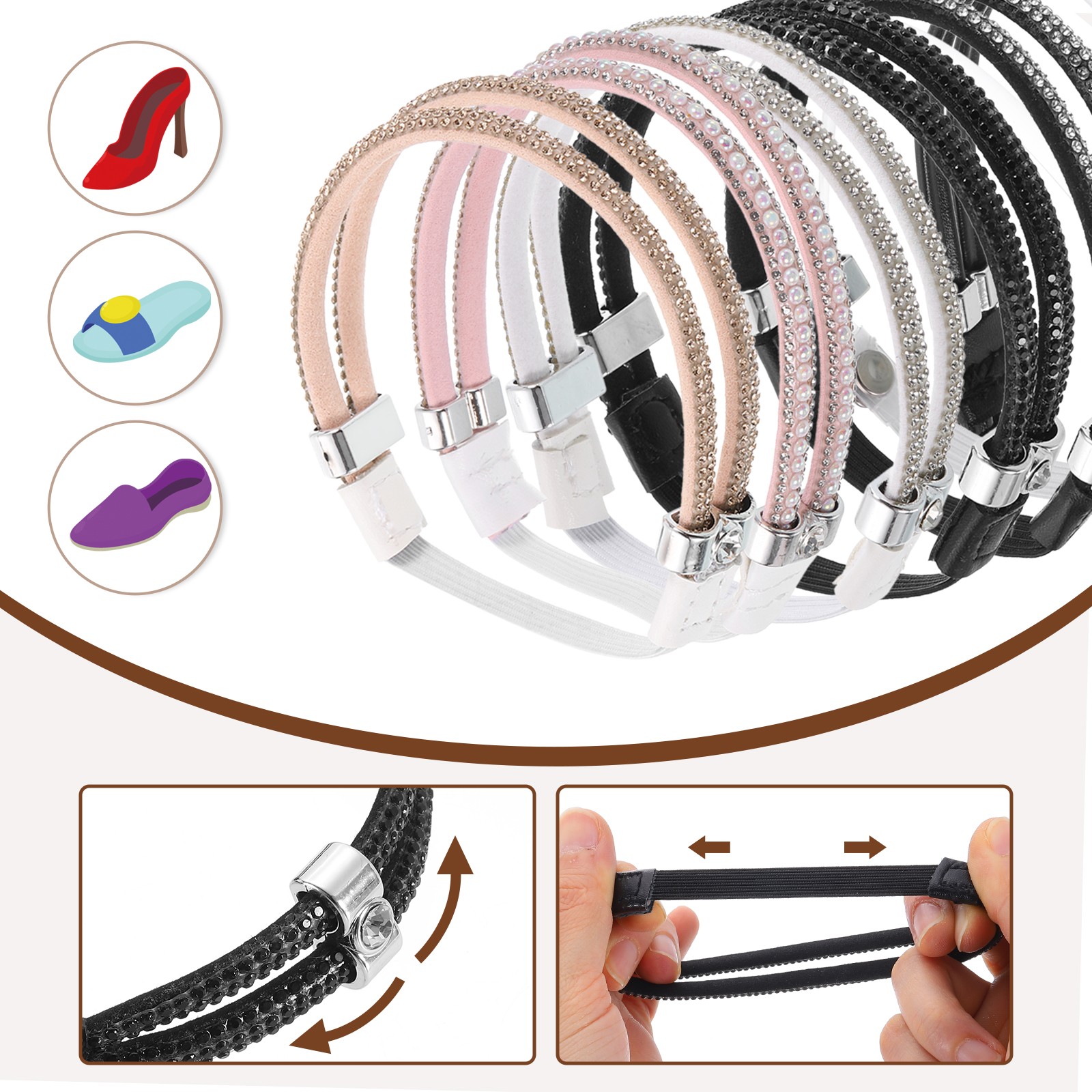 2 Pairs High Heels Shoe Straps, Black, Black Rhinestone