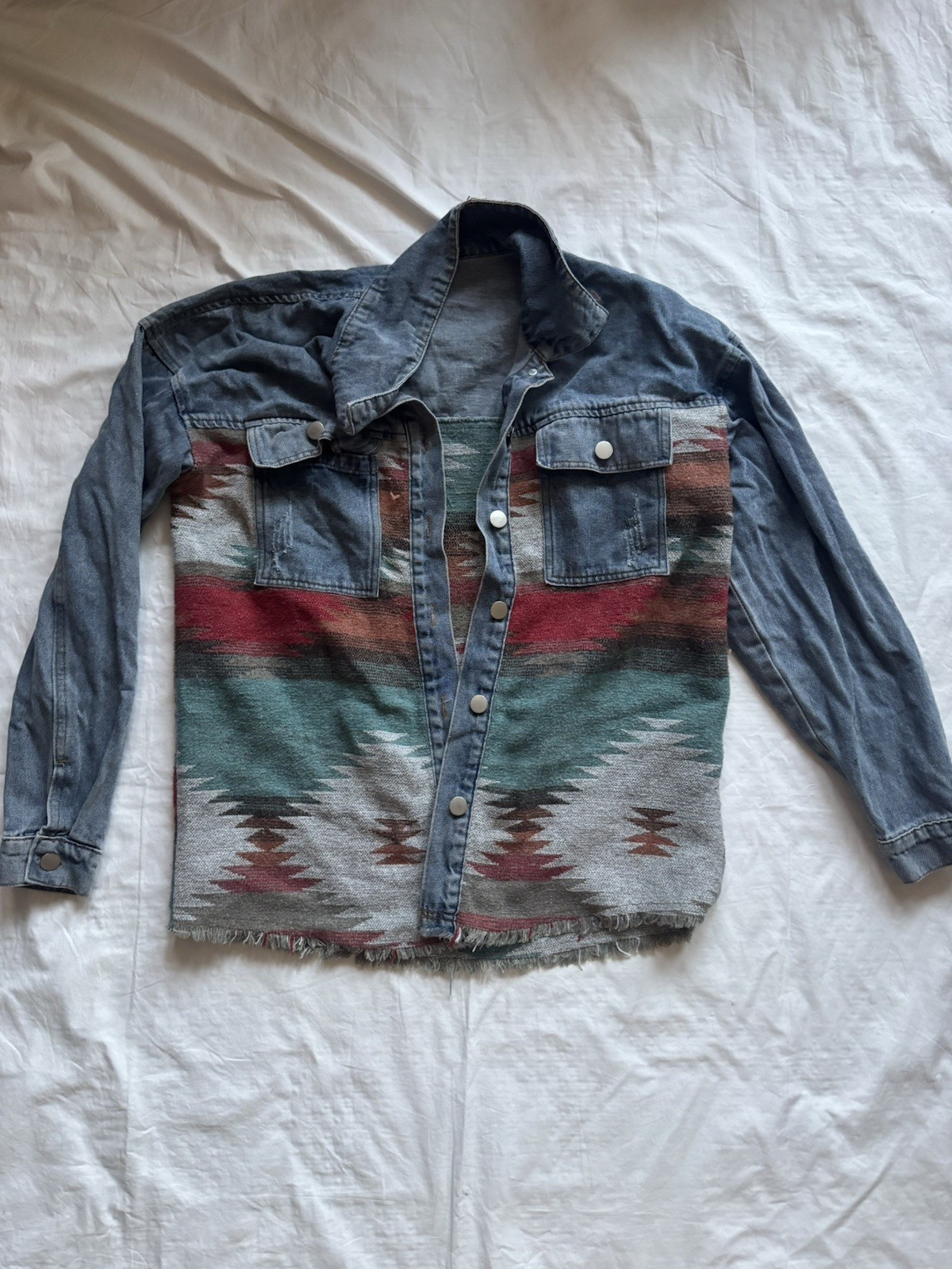 Jean Jacket 45 Blue Multicolor Geometric Aztec Yoke Button Pockets