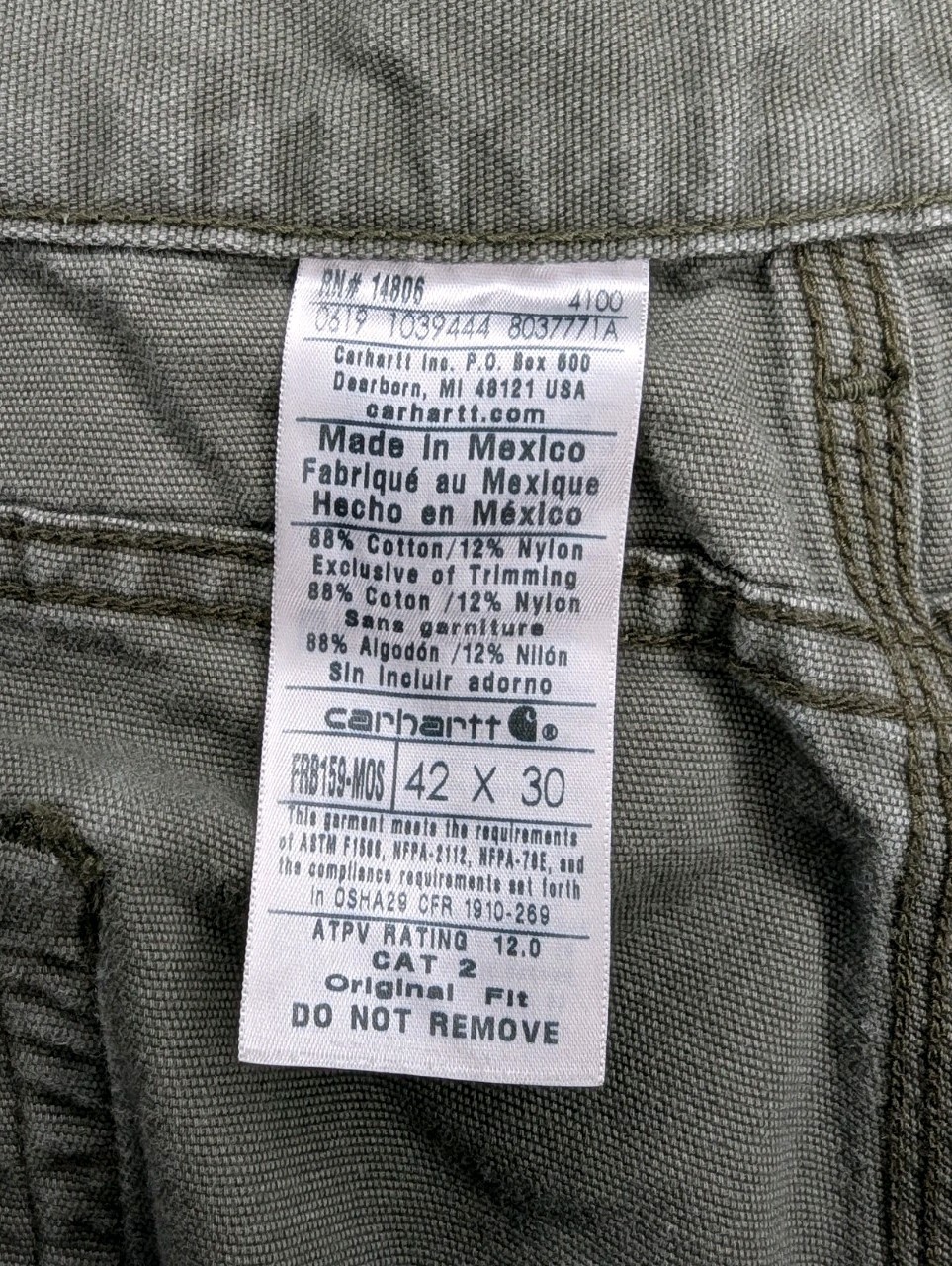 Carhartt FRB159-MOS FR Flame Resistant Canvas Work Pants Moss Green 42×30 CAT 2