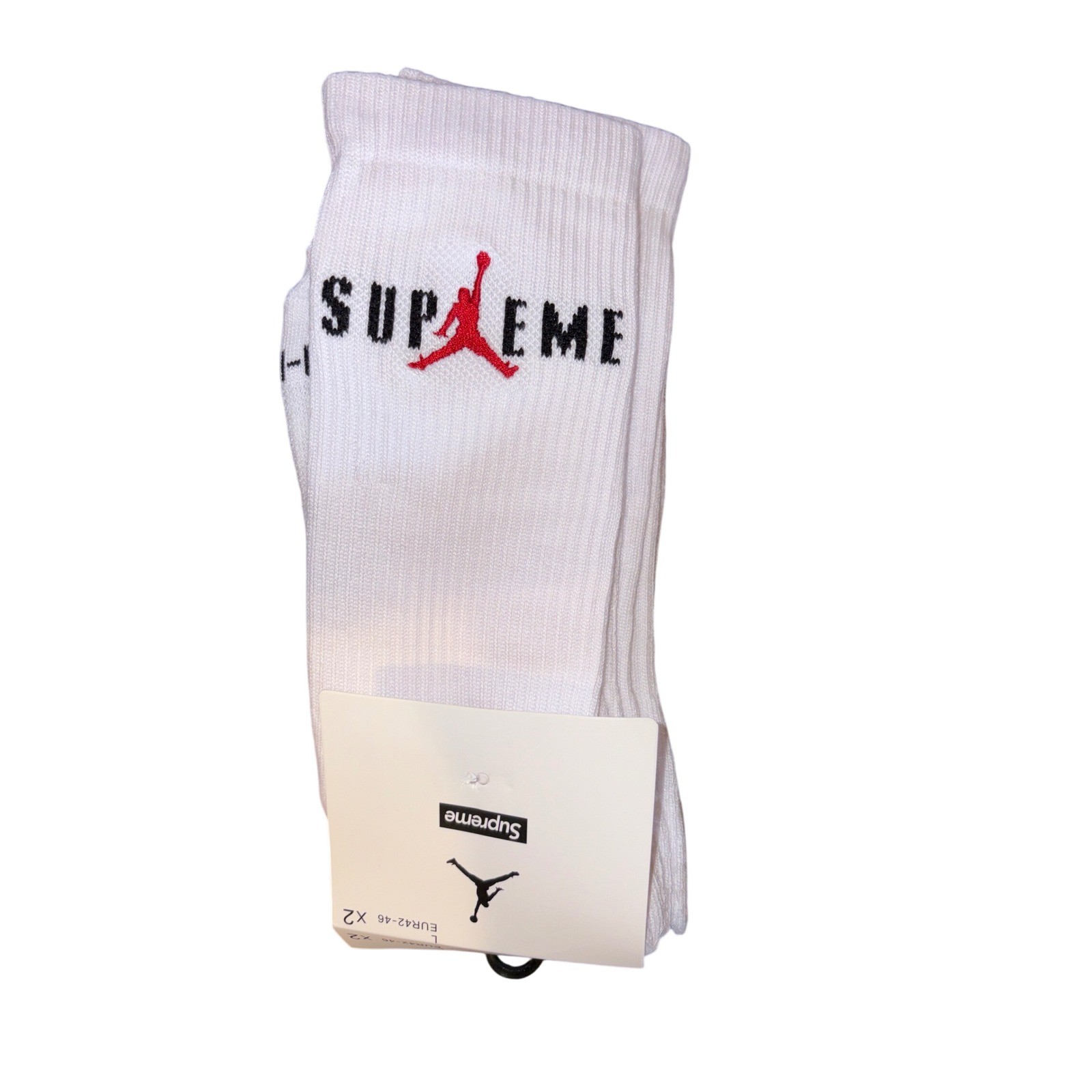 Jordan X Supreme Socks, White, Men’s LARGE 8-12, 2 Pairs, AJ Hypebeast, New