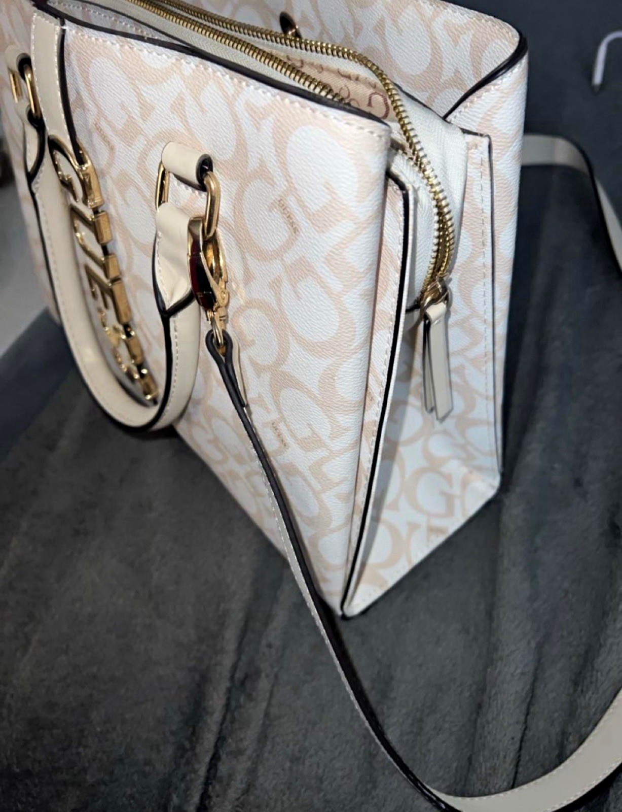 GUESS Beige Logo Medium Satchel Top Handle w/ Detachable Crossbody Strap