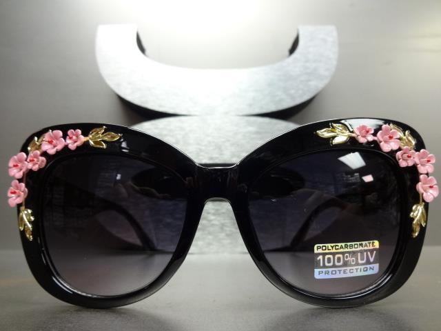 VINTAGE RETRO CAT EYE Style SUN GLASSES Black Frame Unique Floral Flower Design
