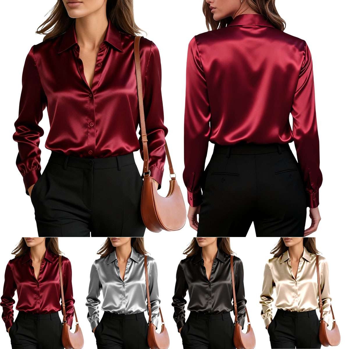 Elegant Women Satin Shirt Solid Color Long Sleeve Blouse Casual Button Down Tops