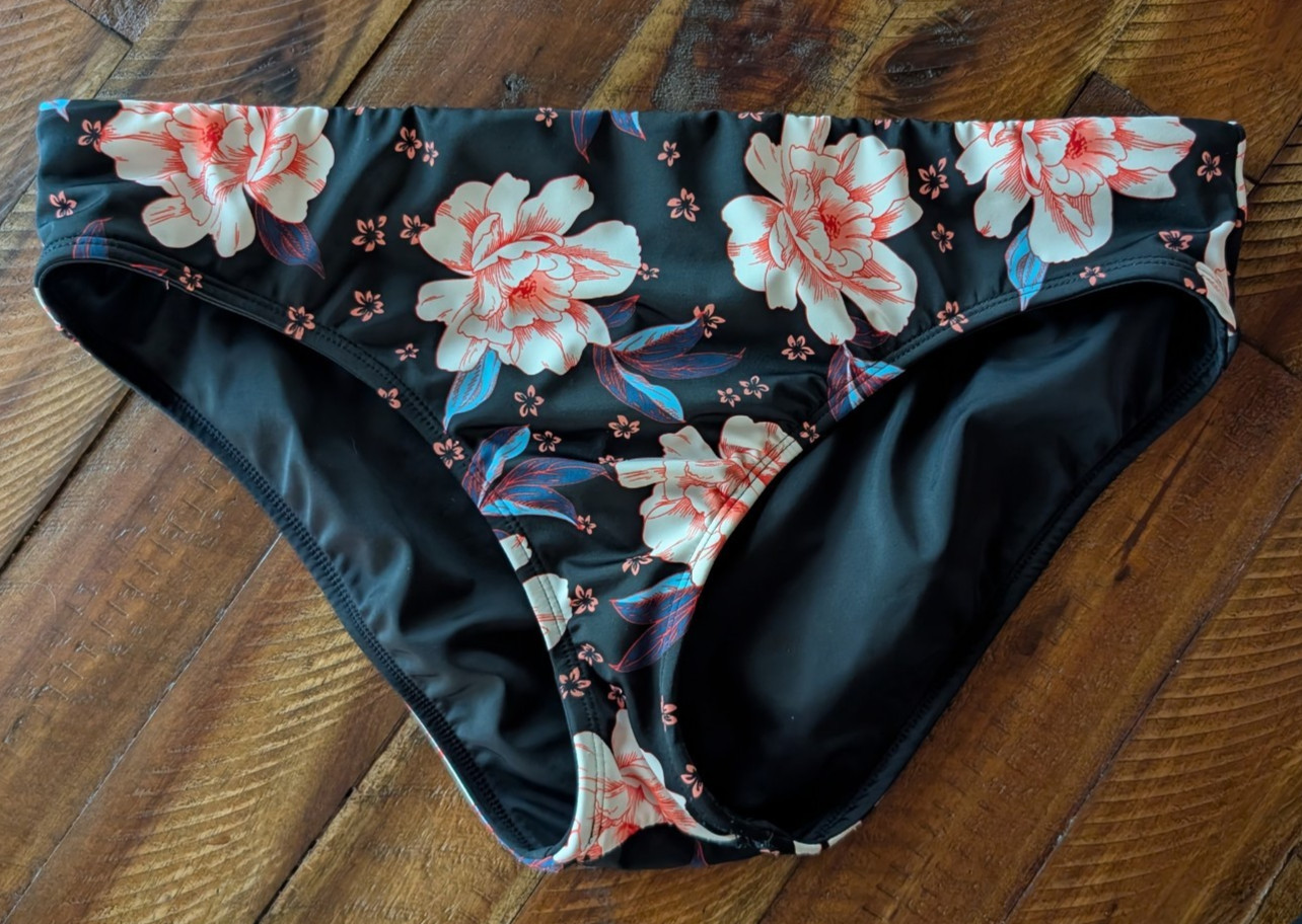 Women’s Reversible Bikini Bottom – Black Floral Pink Blue White – L/XL