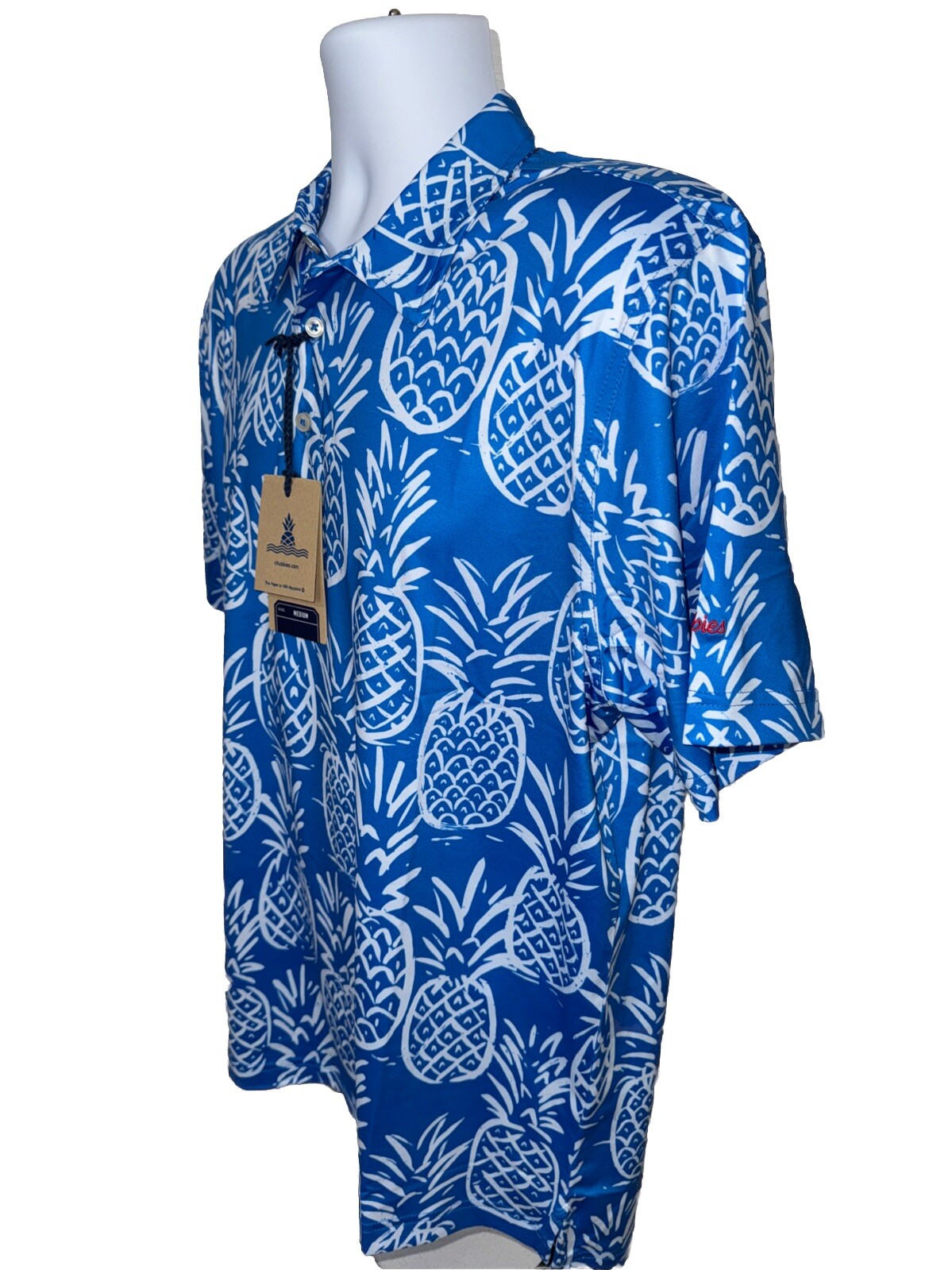 Chubbies Men’s The Thigh Napple Performance Polo Shirt-Blue Pineapple-Medium-New